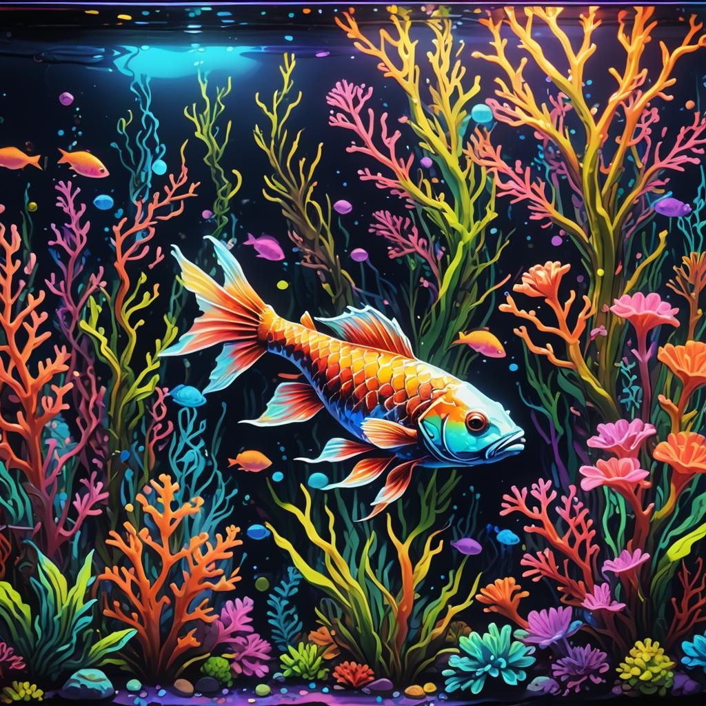 Fluorescent Graffiti Fish Tank with Glowing Coral