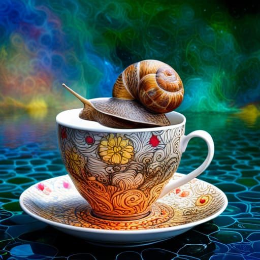 Snail in Teacup: Detailed Fantasy Art