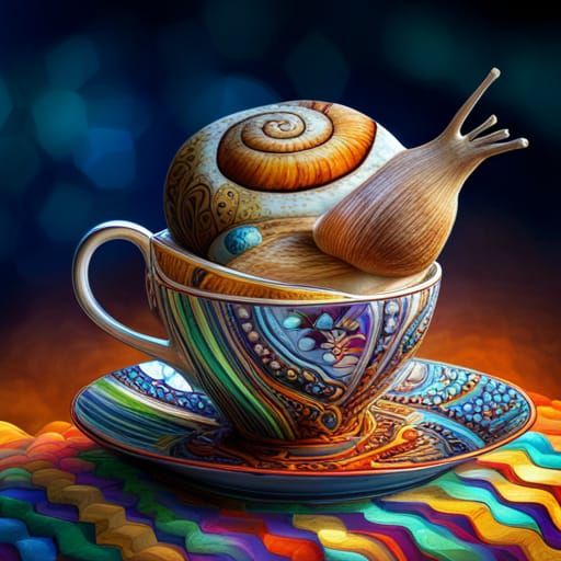 Snail in Teacup: Detailed Fantasy Art