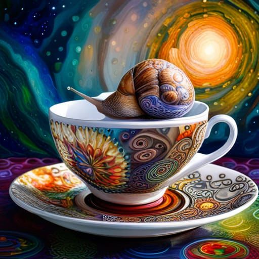Snail in Teacup: Detailed Fantasy Digital Art