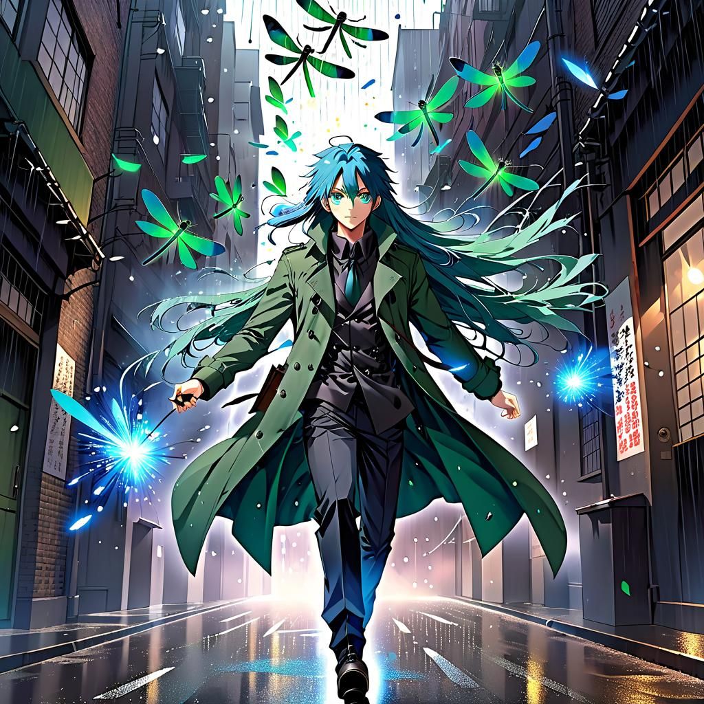 Anime-Style Man Throws Dragonflies in Rainy Alley