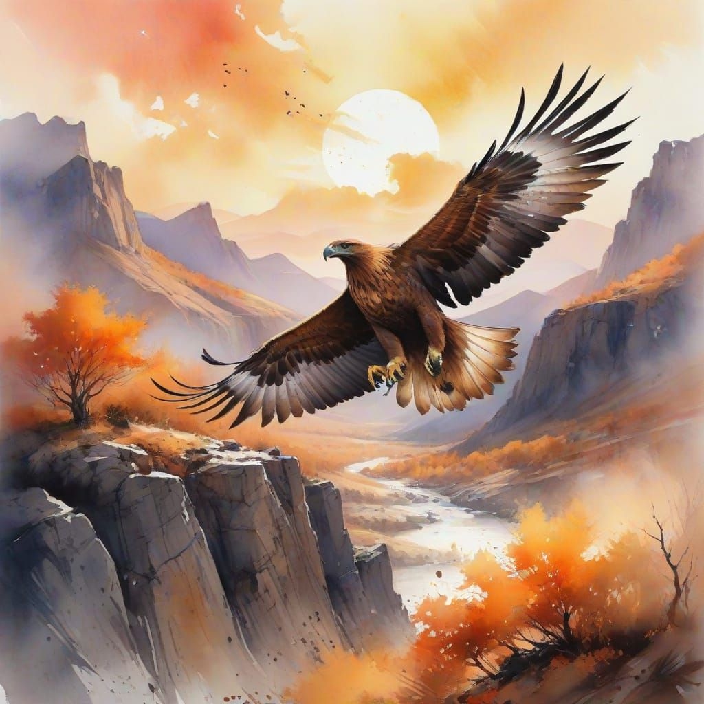 Golden Eagle Soaring Over Autumn Landscape in Watercolor