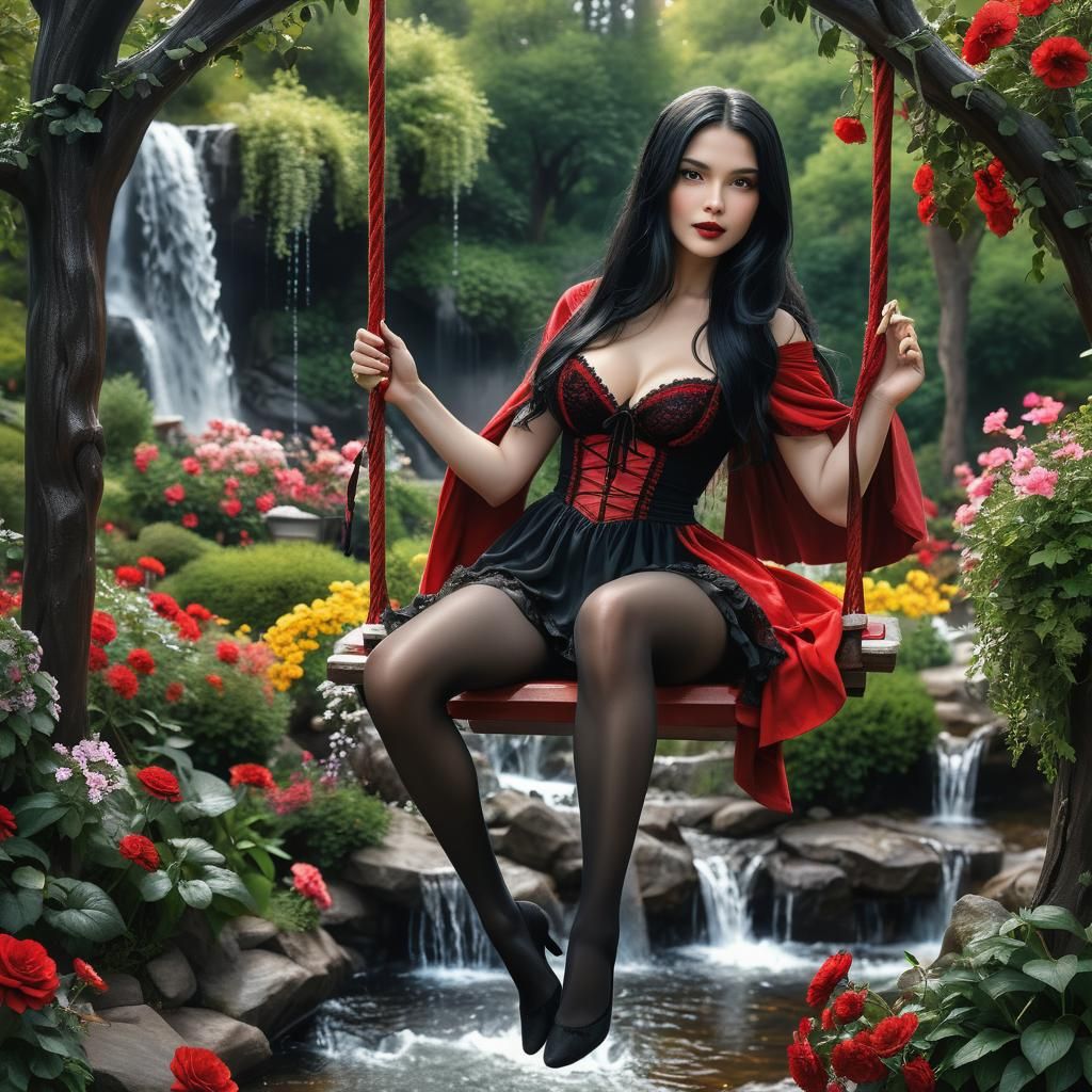Red Riding Hood on a Swing: Hyperrealistic Garden Scene