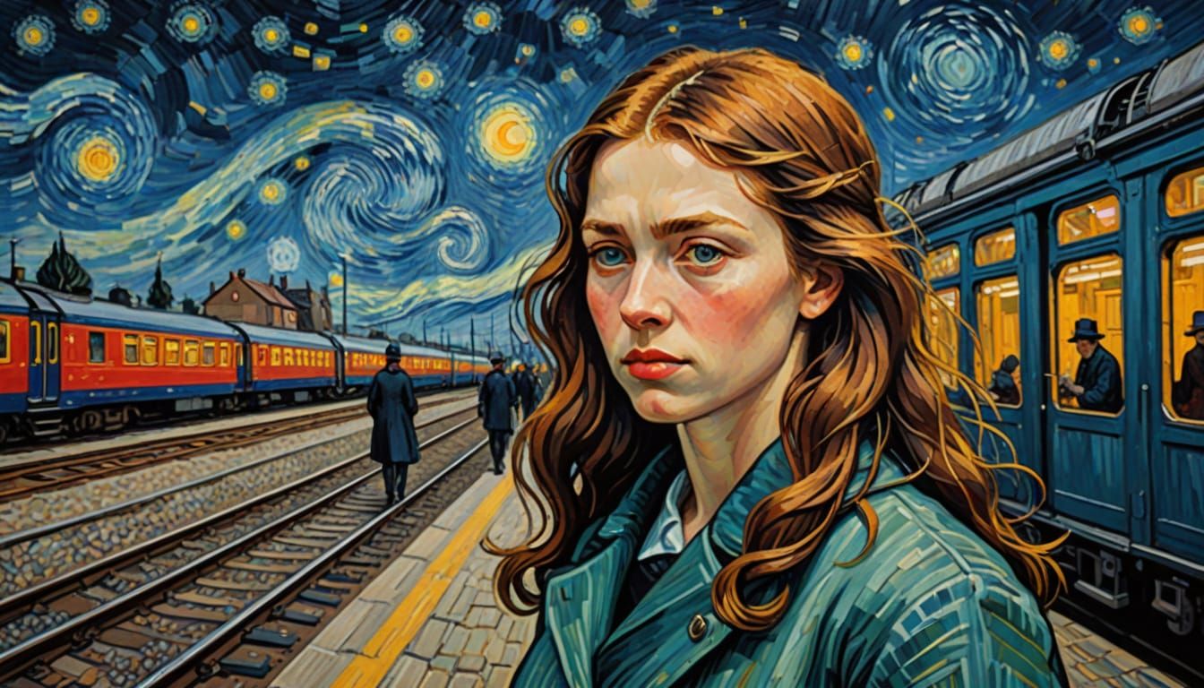 Young Woman on Train Platform in Post-Impressionist Style
