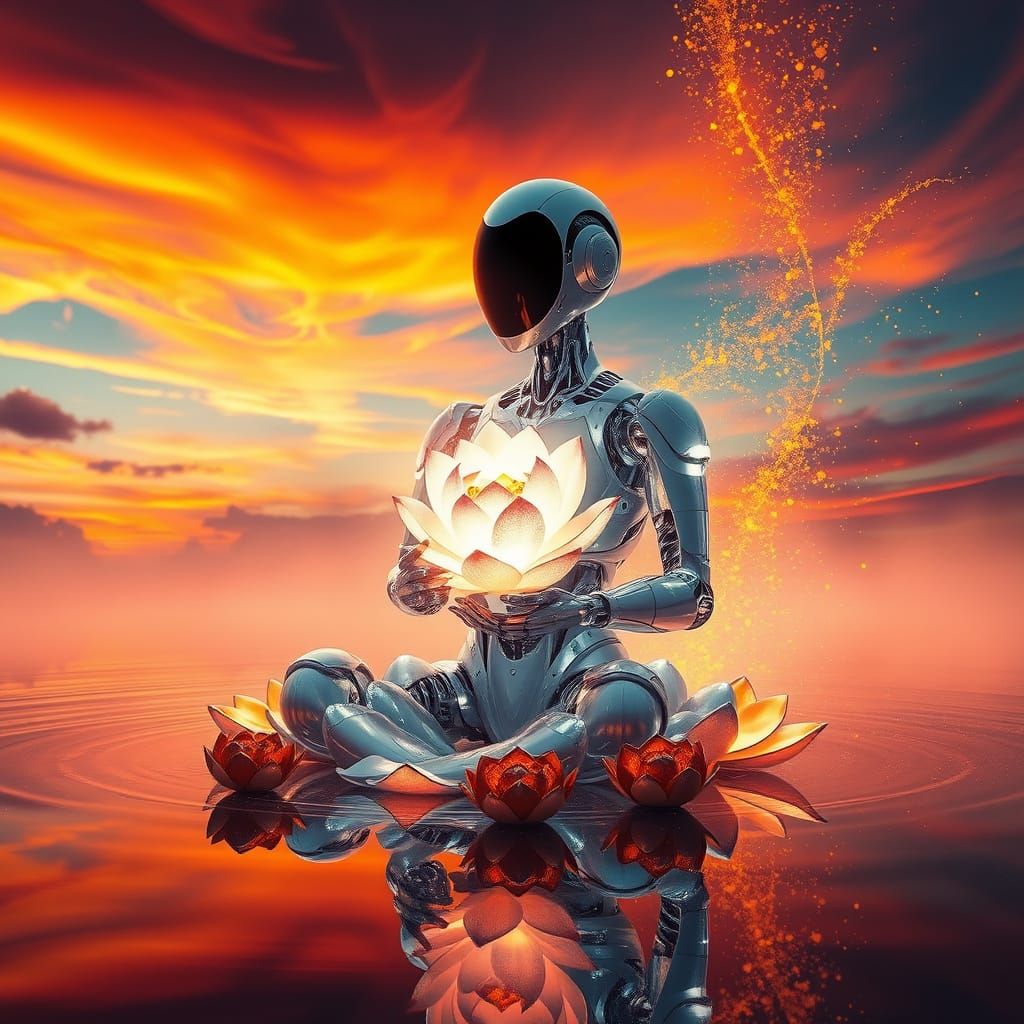 Robot Meditating with Radiant Lotus in Ethereal Dreamscape