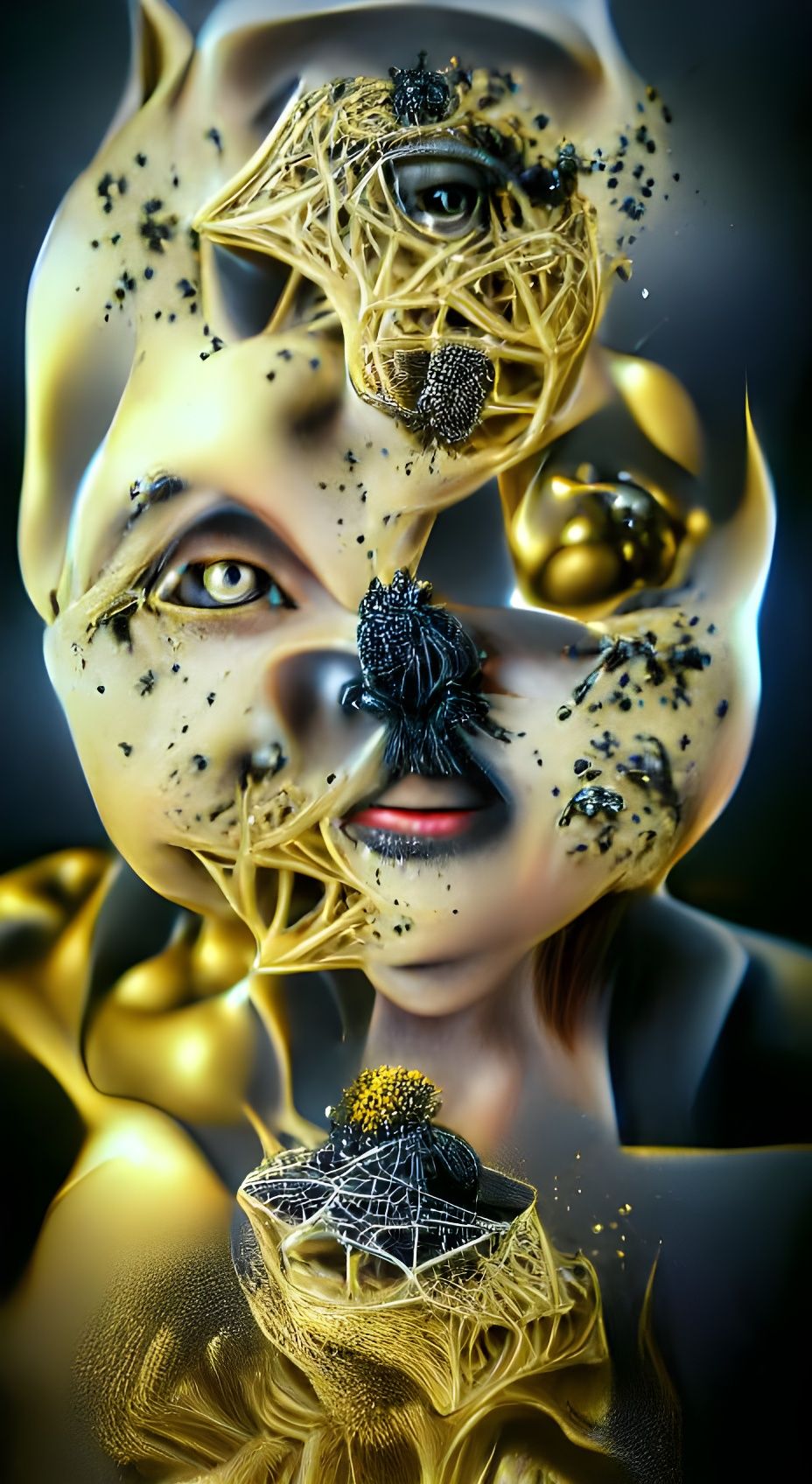 8k 3D surrealism in black web and gold dust