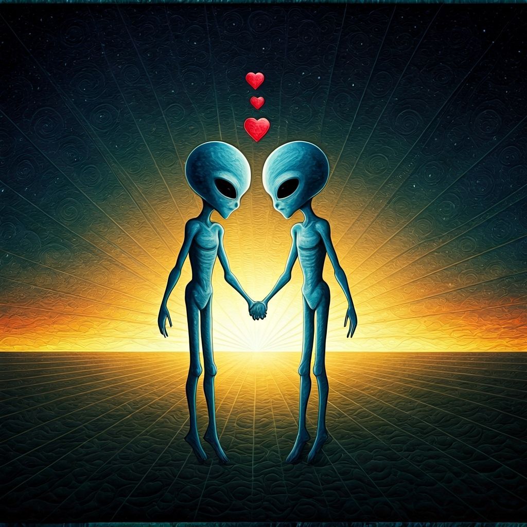 Surreal Alien Lovers in Quilted Galaxy