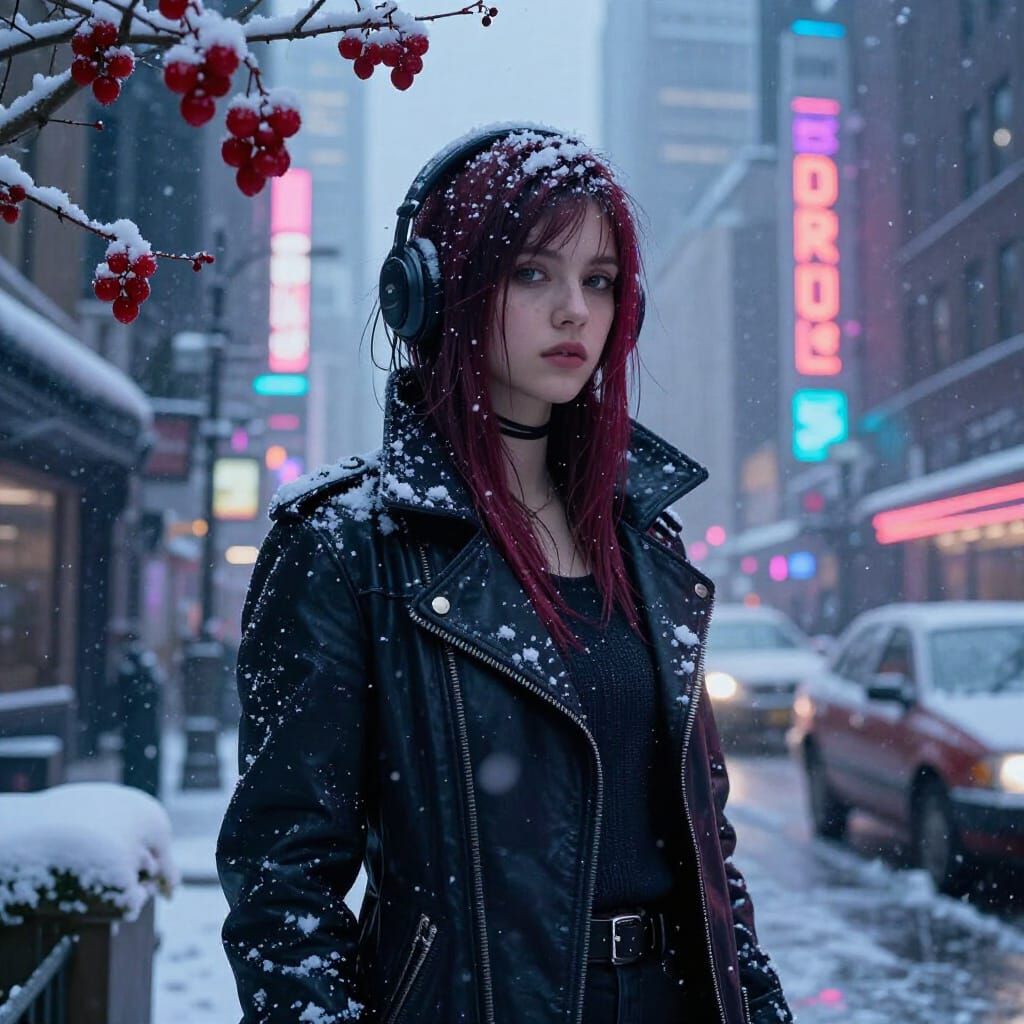 Cyberpunk Cityscape With Neon Snow and Berries