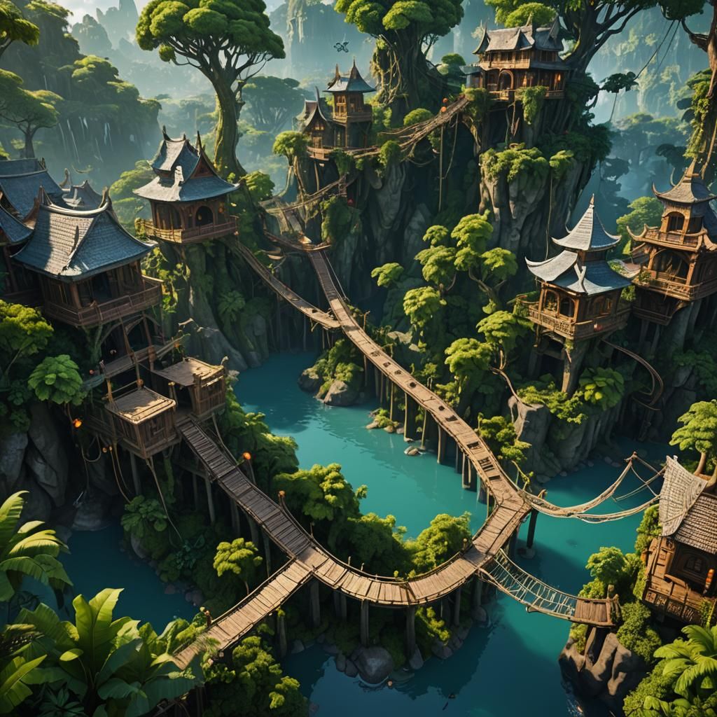 vush jungle city with rope bridges and buildings in the tree...