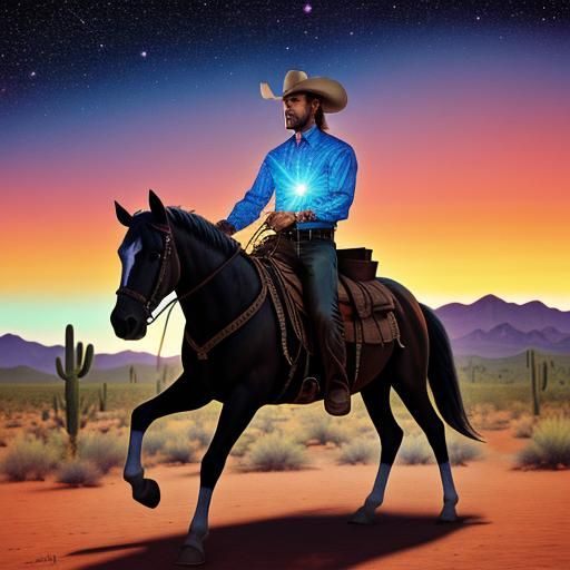 Cowboy Rides into Arizona Sunset: Astral Illustration
