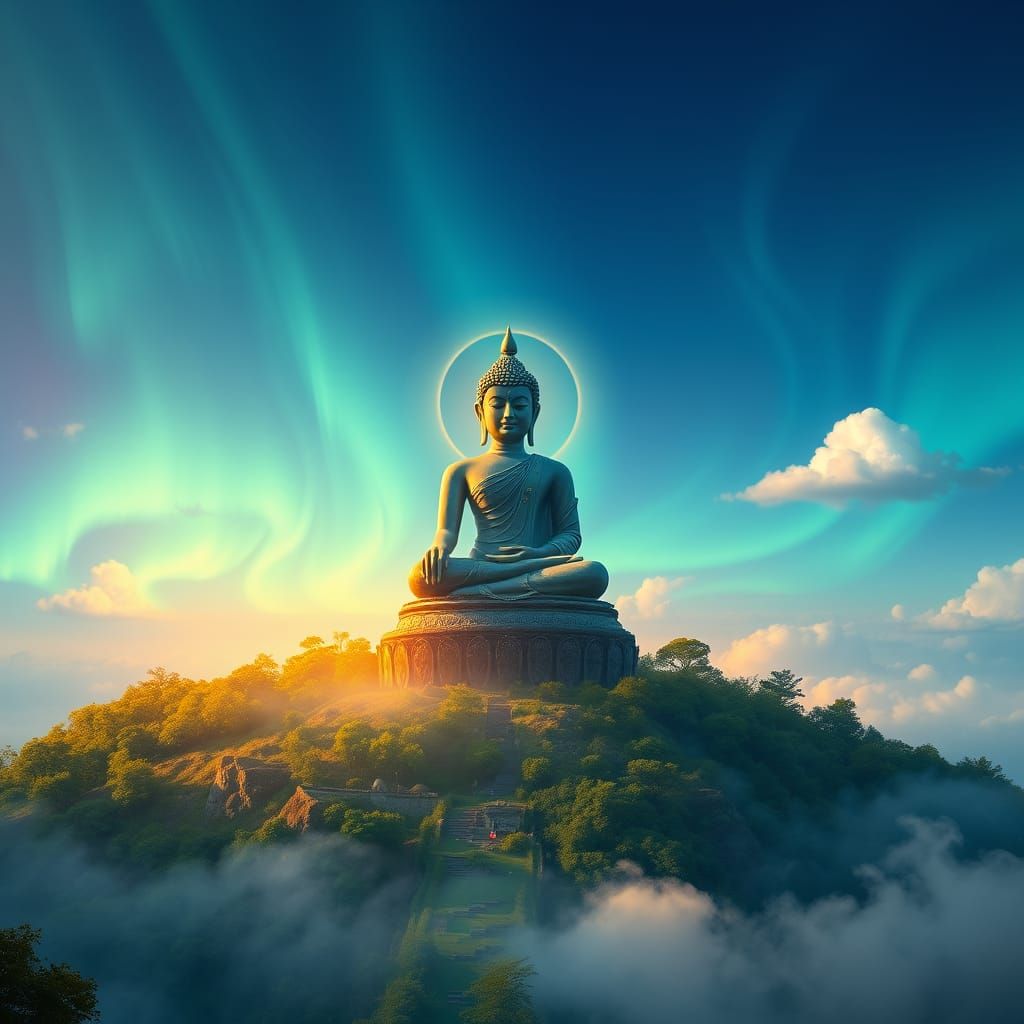 Majestic Sri Lankan Buddha in a Dreamlike Landscape with Swi...