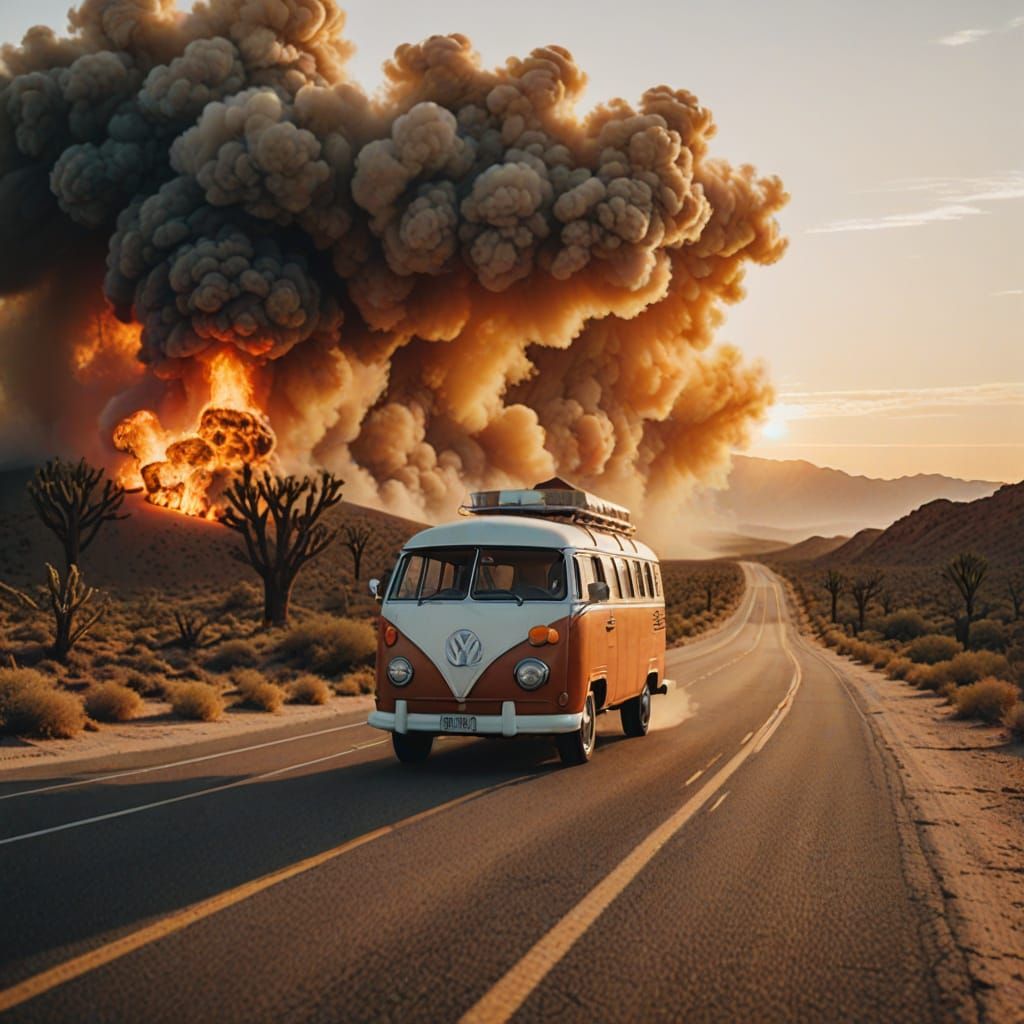 Vintage Camper Van on Desert Highway at Sunset