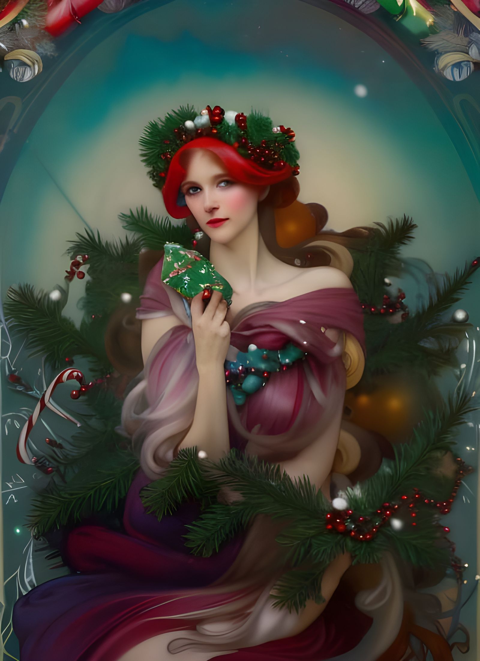 Candy Cane Christmas Queen in Art Nouveau Style