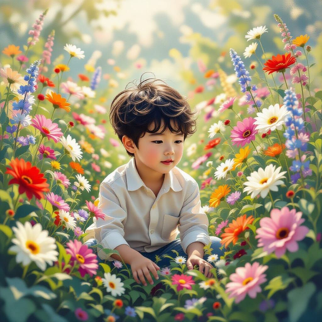 Handsome Korean Boy in Surreal Flower Garden
