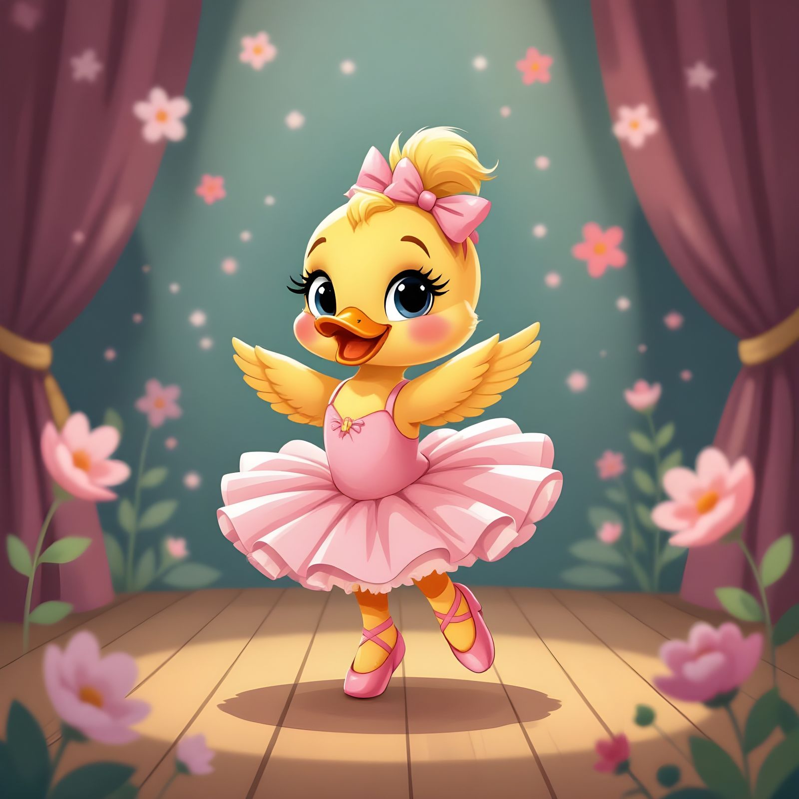 Duckling Ballerina Dances in Watercolor Cartoon