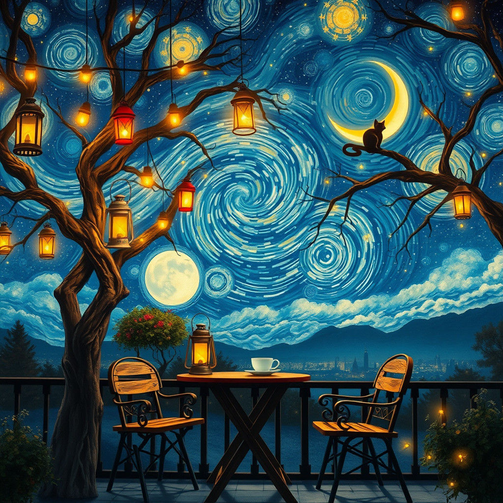 Whimsical Nighttime Café Scene with Celestial Elements