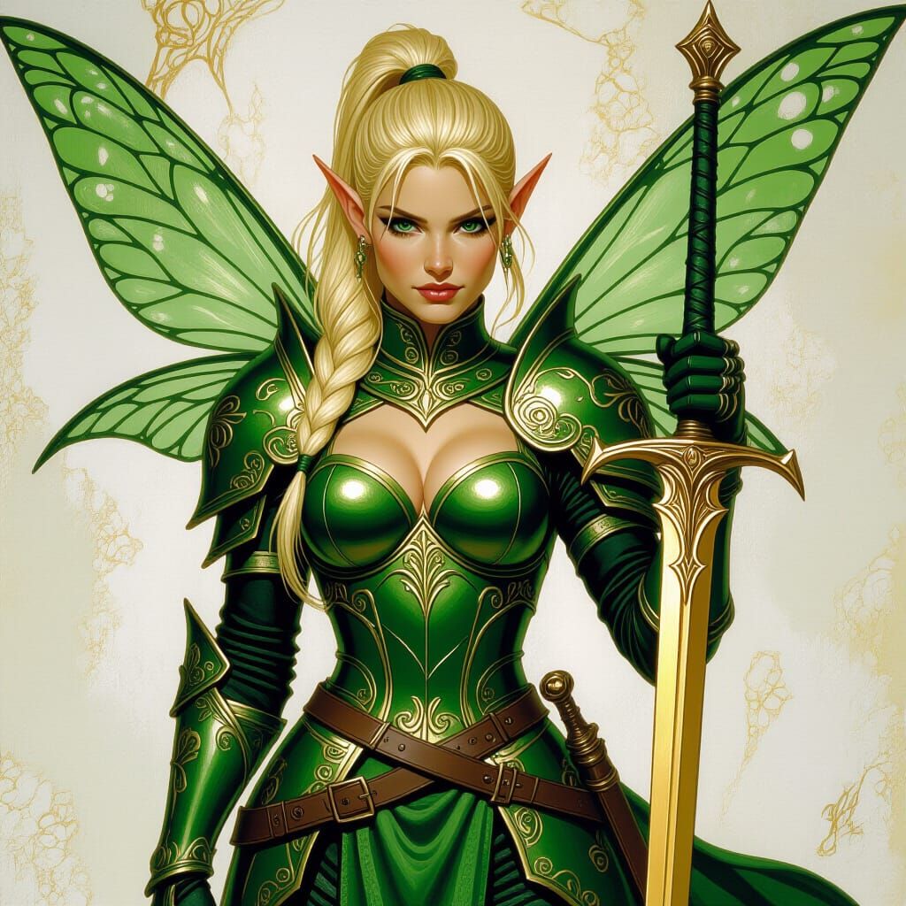 Fantasy Elf Warrior with Golden Sword as Oil Painting