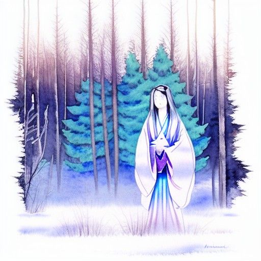 Translucent Yuki Onna in Winter Forest Watercolor