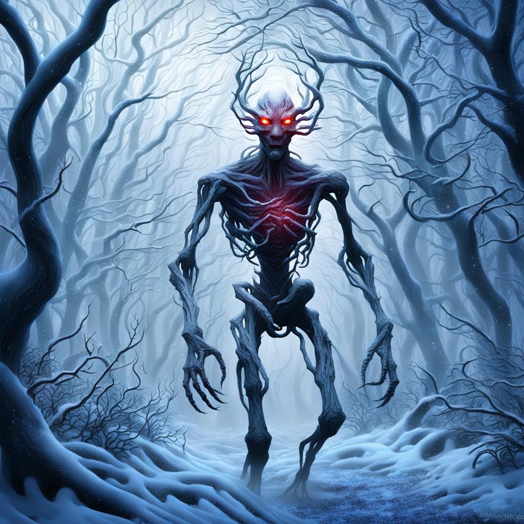 Eerie Snow Horror Scene in Dark Fantasy Style