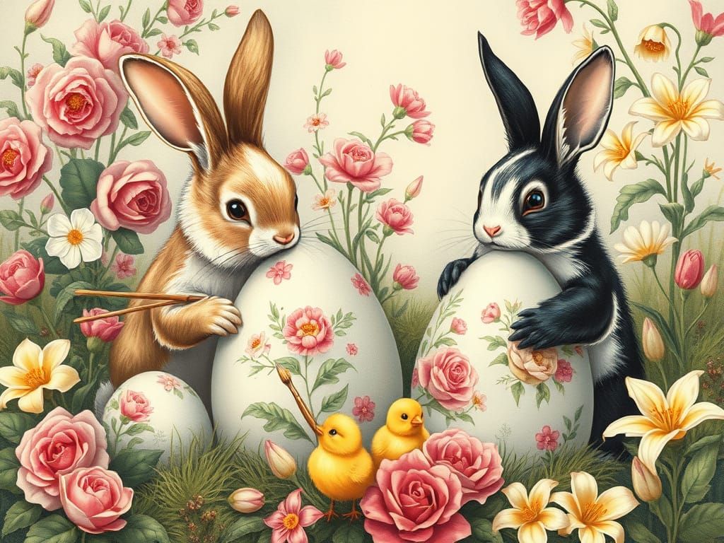 Easter Bunnies Painting Eggs in Vintage Fairy Tale Style