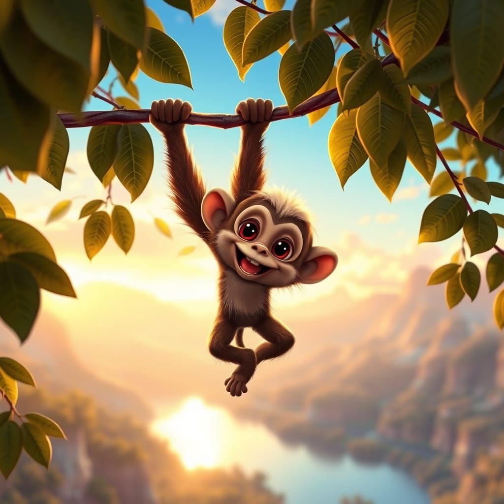 Whimsical Monkey in Golden Hour Landscape