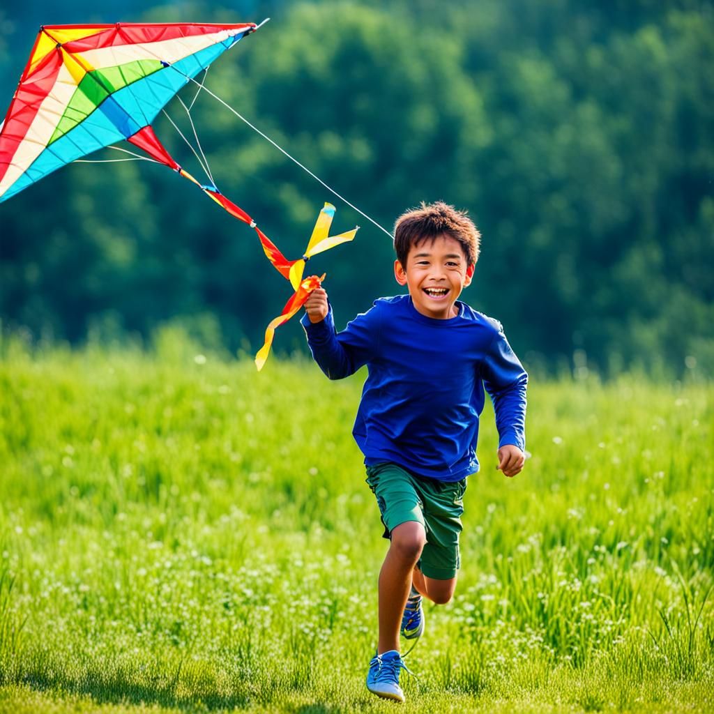 Kid running with a beautiful kite in a sunny day