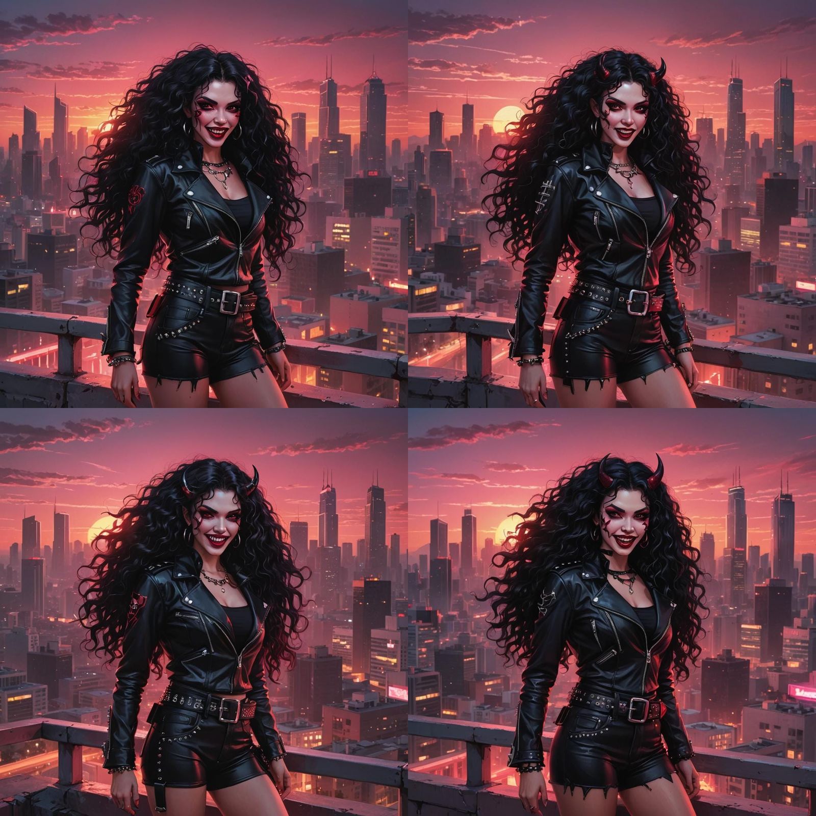 Vampire Girl with Horns in Synthwave Sunset