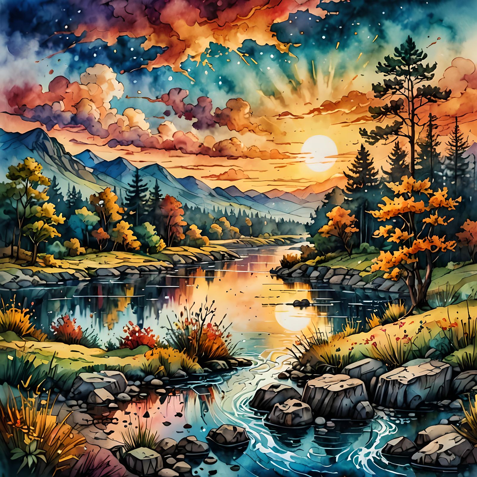 Vibrant Sunset Riverbank in Mixed Media