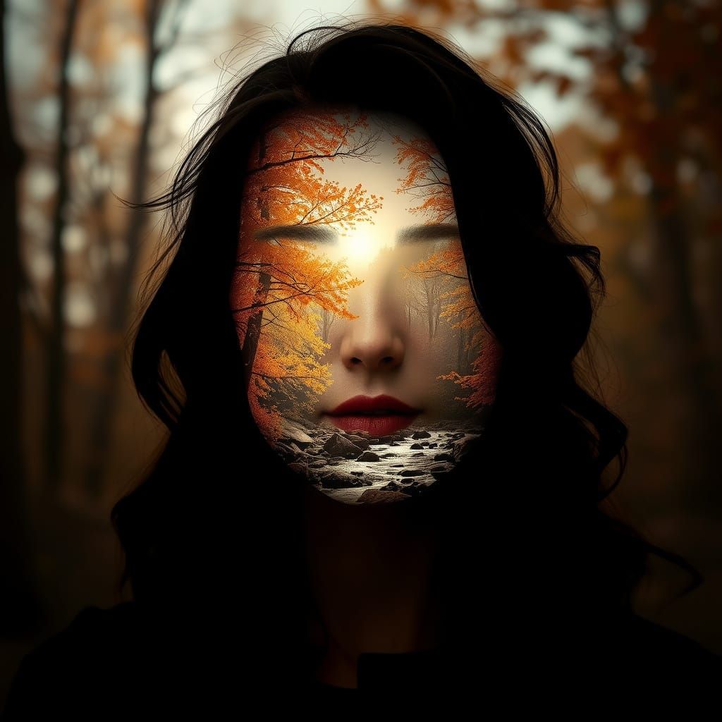 Autumn Landscape Double Exposure Silhouette