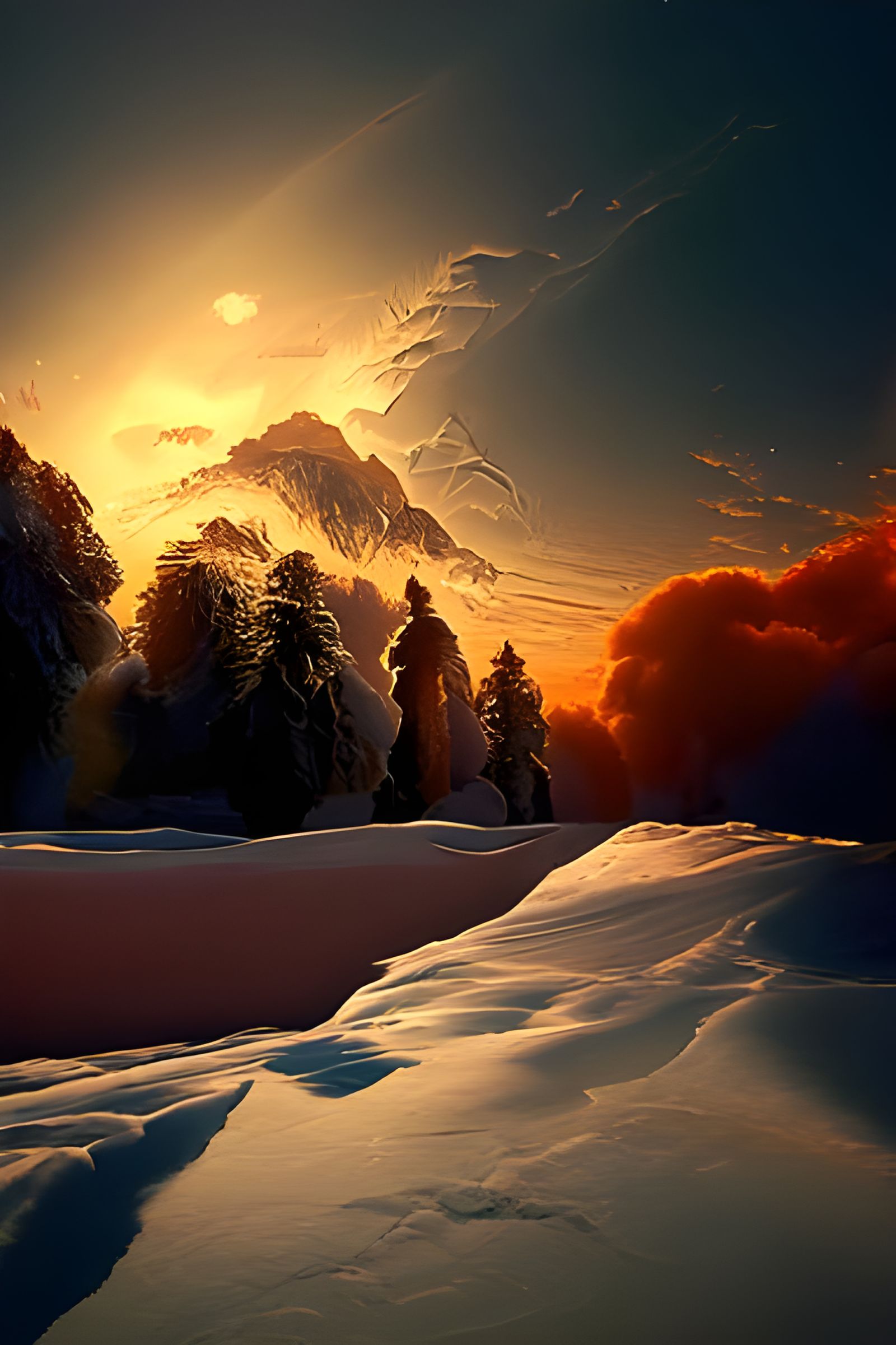Golden Winter Sunset in Hyperrealistic Style