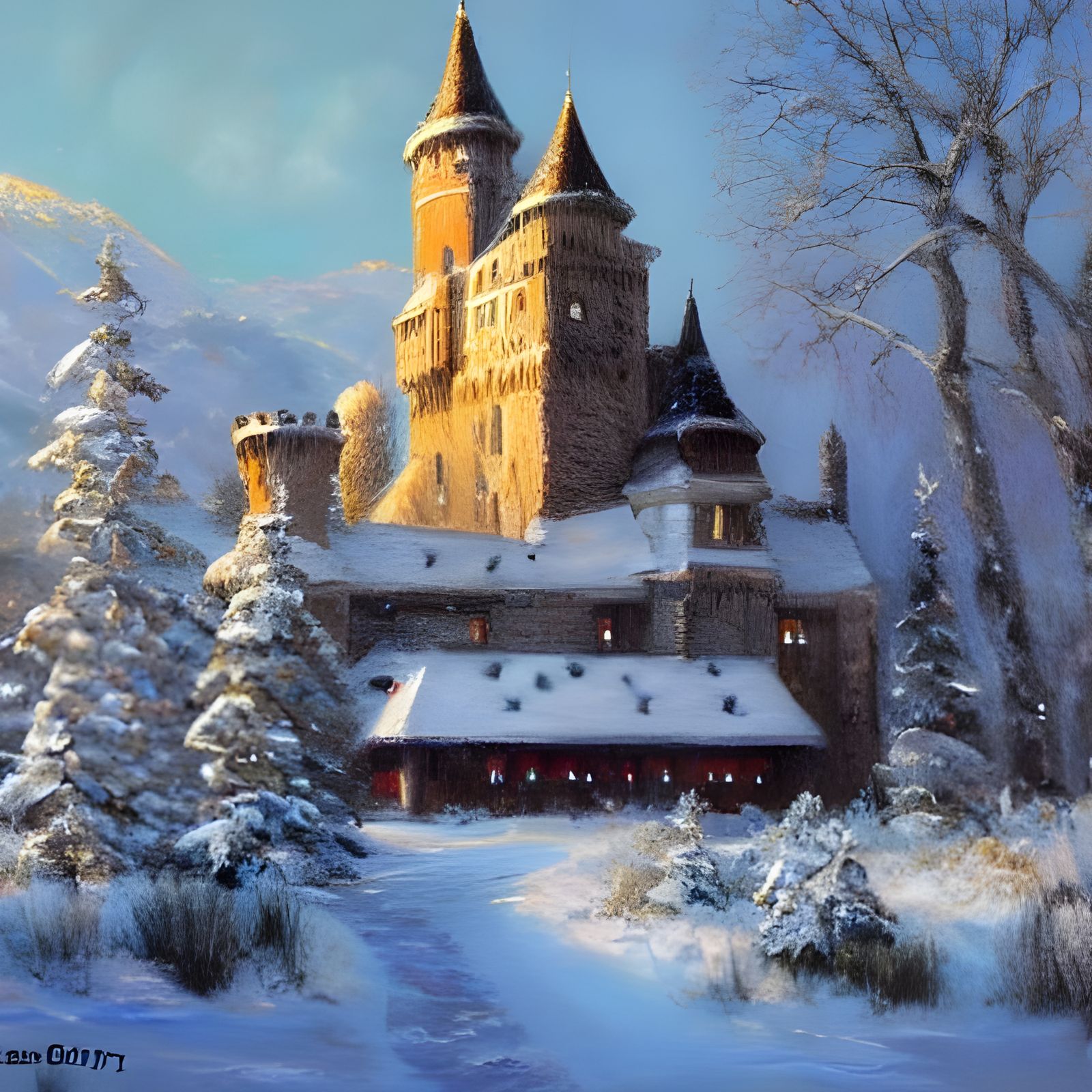 Winter Castle in Oil Painting Style