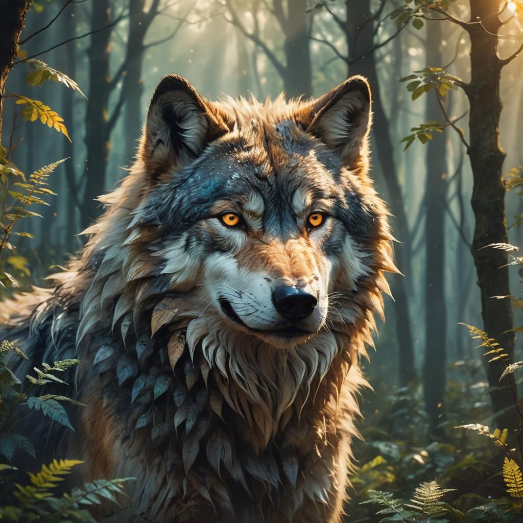 Fluffy Wolf in Mystical Forest: Fantasy Oil Painting