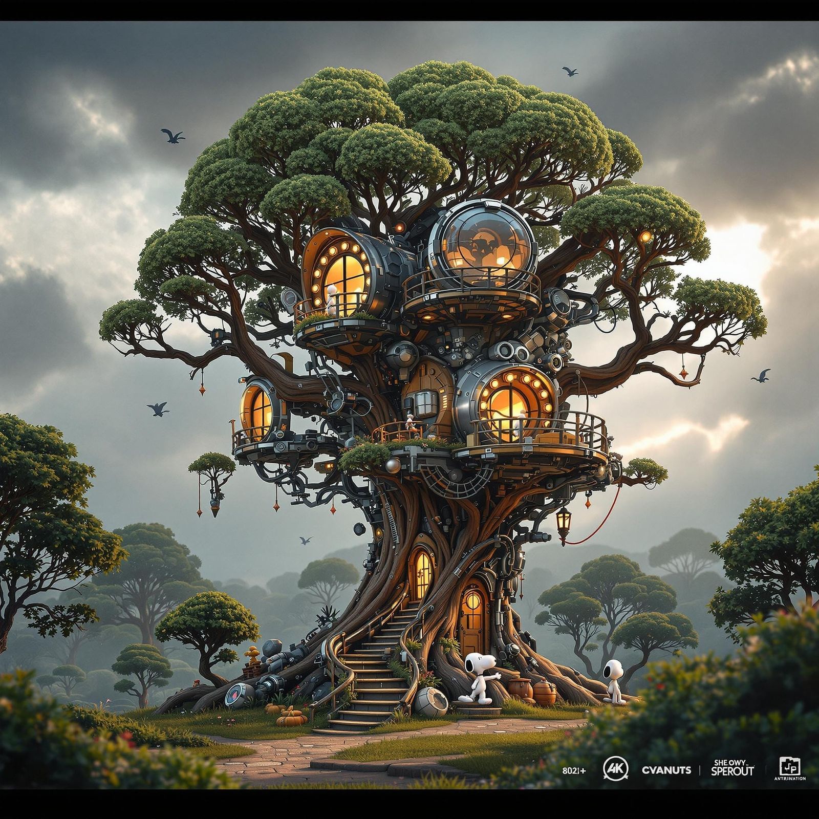 Snoopy's Futuristic Treehouse in Cinematic Style