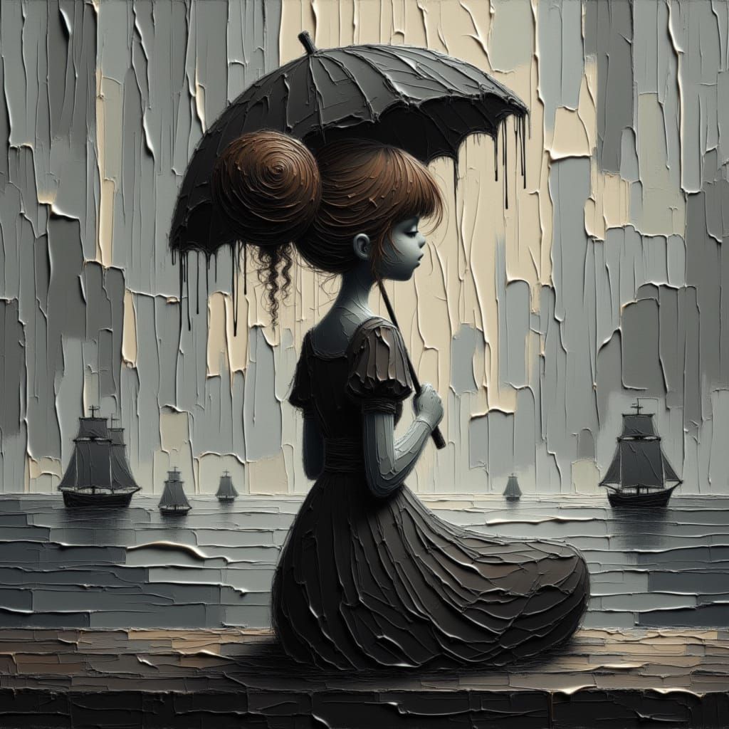 Sad Redhead in the Rain with Umbrella