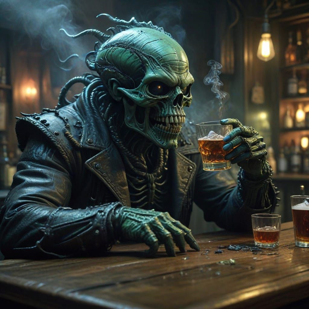 Surreal Cowboy Confronts Alien at a Darkened Bar in a Gritty...