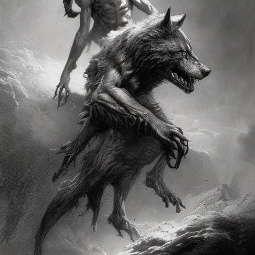 Deformed Werewolf Ripping Apart Human in Horror Style