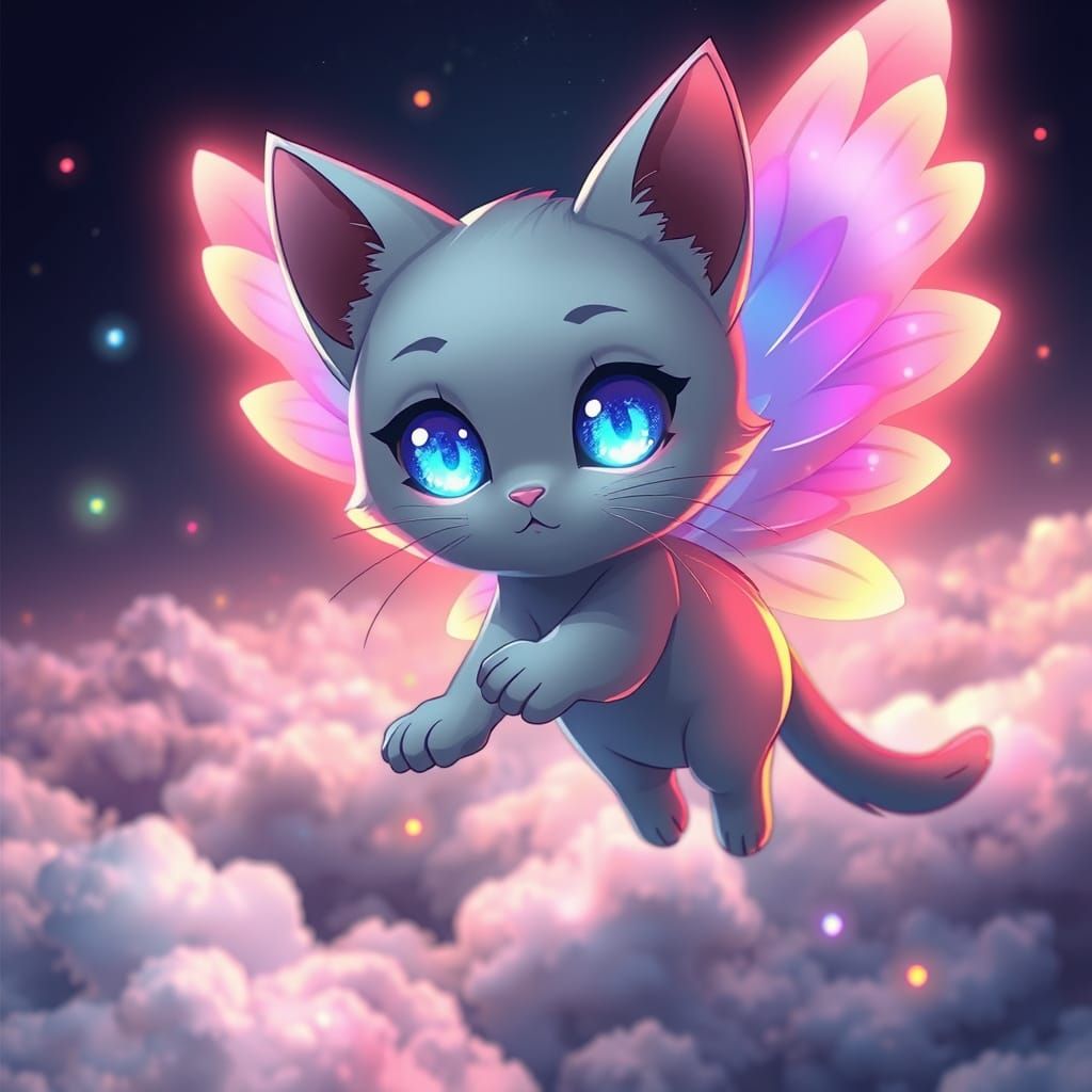 Whimsical Anime Catgirl Soars Above the Clouds