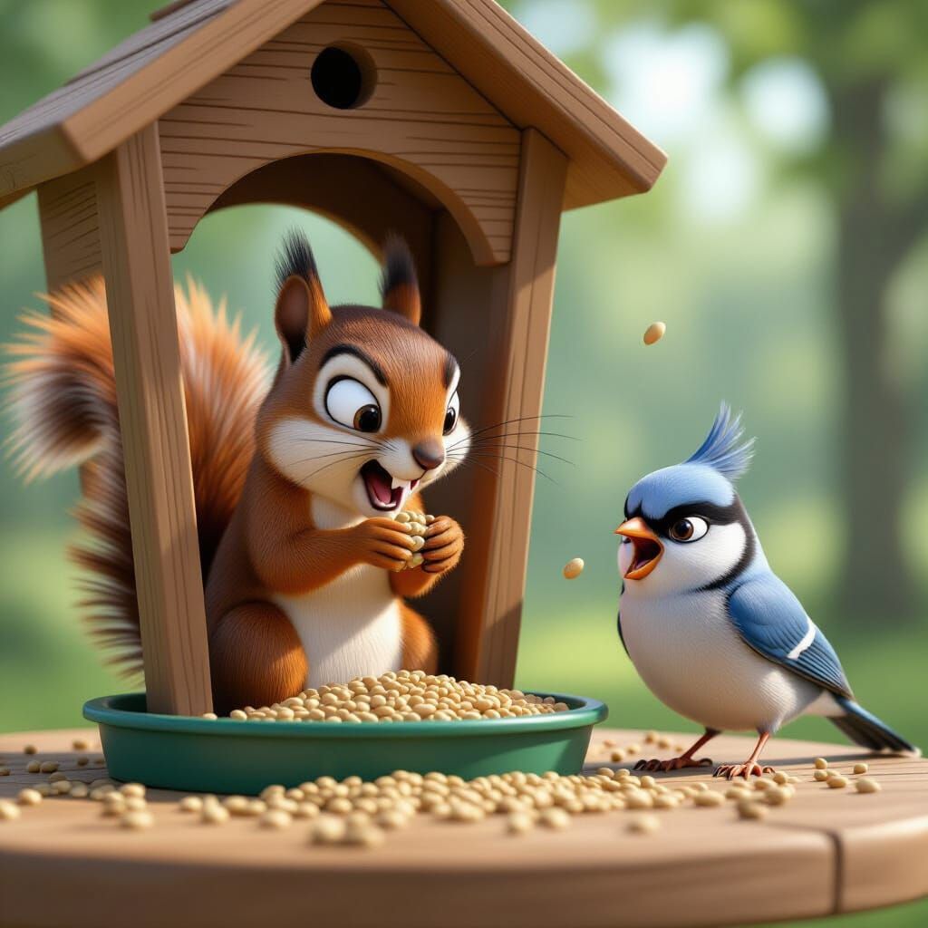 Mischievous Squirrel Steals Birdseed: CGI Image