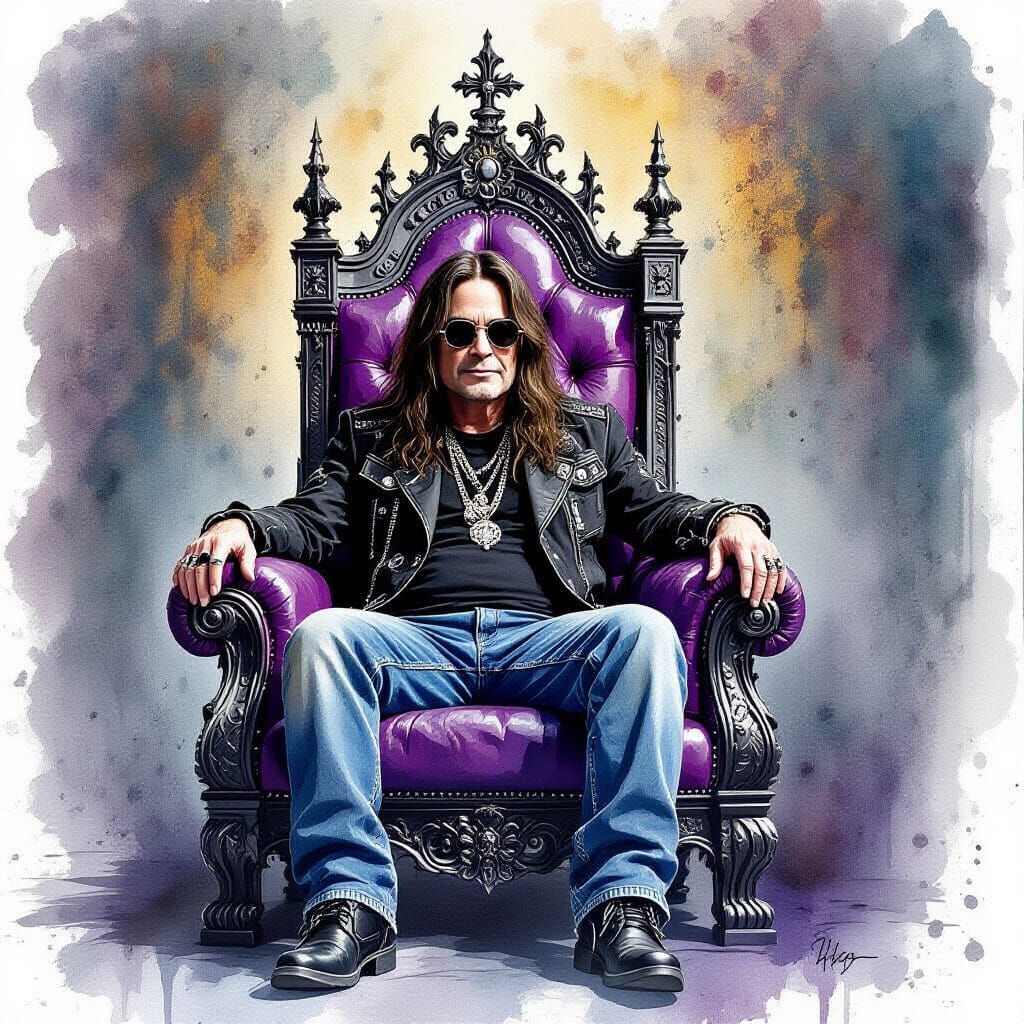 Ozzy Osbourne on Gothic Throne in Watercolor Style