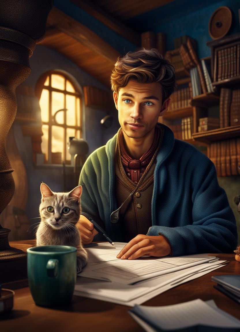 Man and Cat Do Paperwork: Detailed Matte Painting