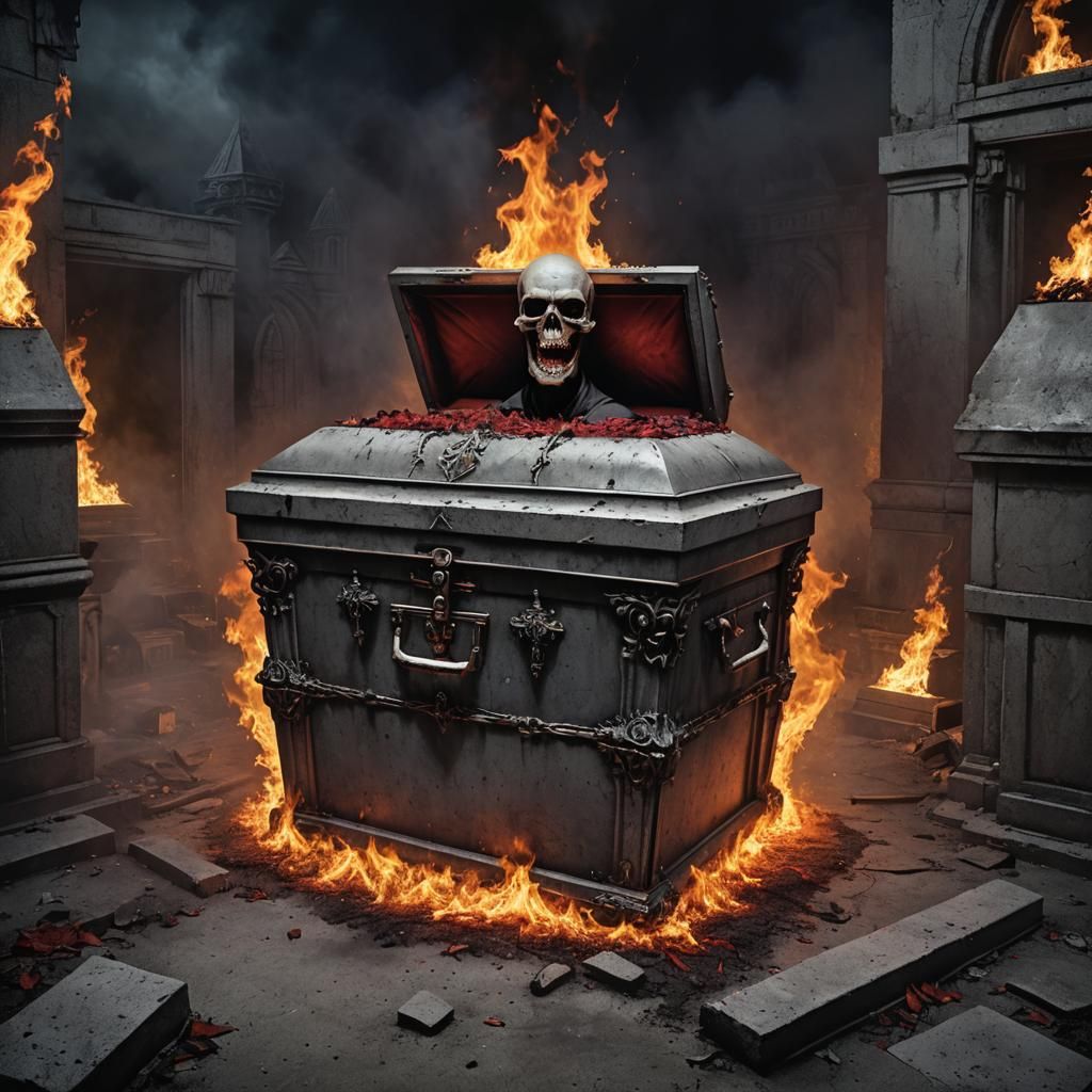 Closed casket on fire vampire inside.
Art style by Ben Templesmith;
horror,contrasting colors,deep color,concrete art, ...