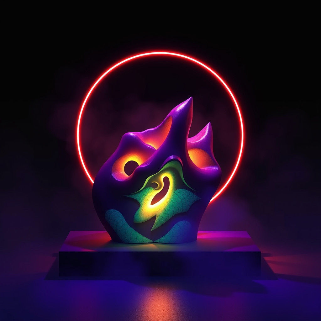 Noir Op Art Sculpture with Neon Trompe-l'oeil