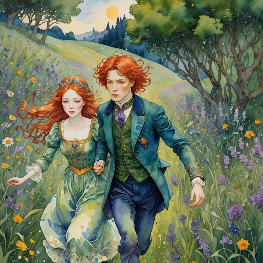 Fantasy Princess and Prince in Watercolor Illustration