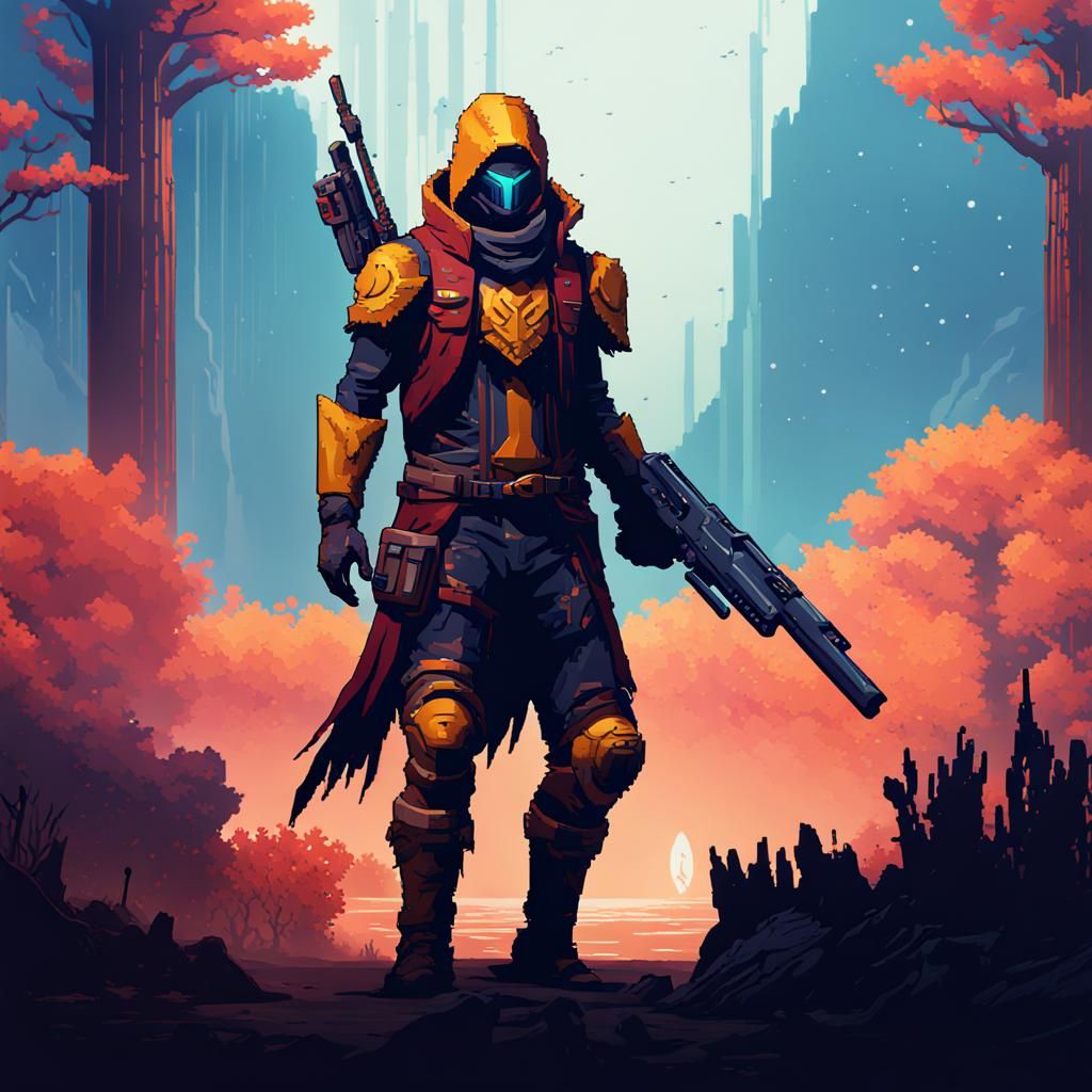 Destiny 2 Hunter in Detailed Pixel Art