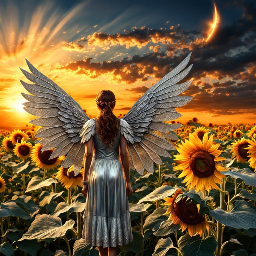 Fairy on Sunflower at Sunset: Hyperrealistic Digital Art
