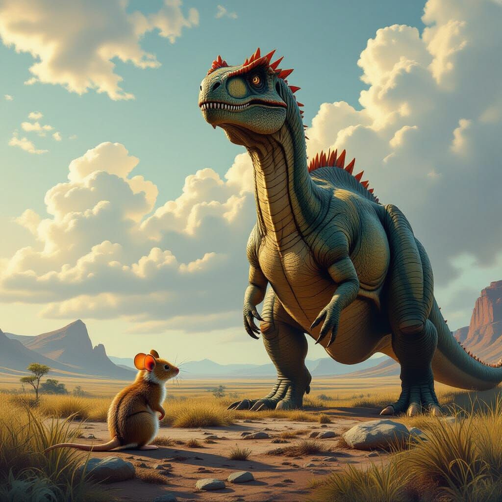 Mouse Meets Dinosaur in Prehistoric Landscape