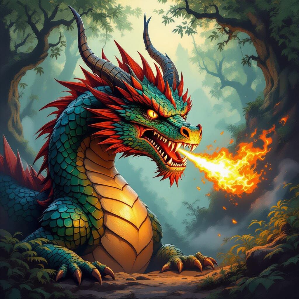 Majestic Dragon Spitting Fire in Mystical Forest