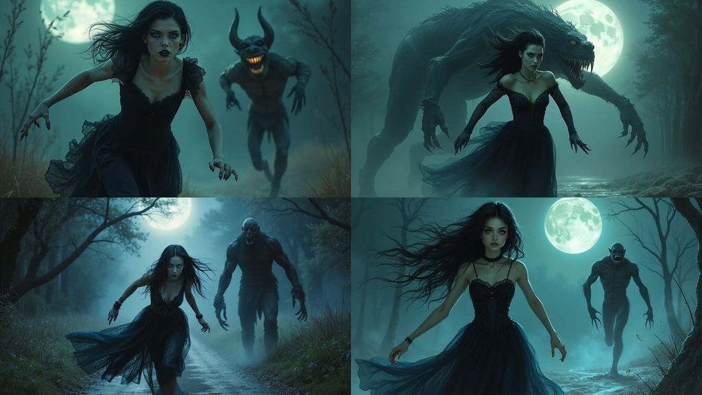 Gothic Woman Flees Monster Under Moonlight in 8K