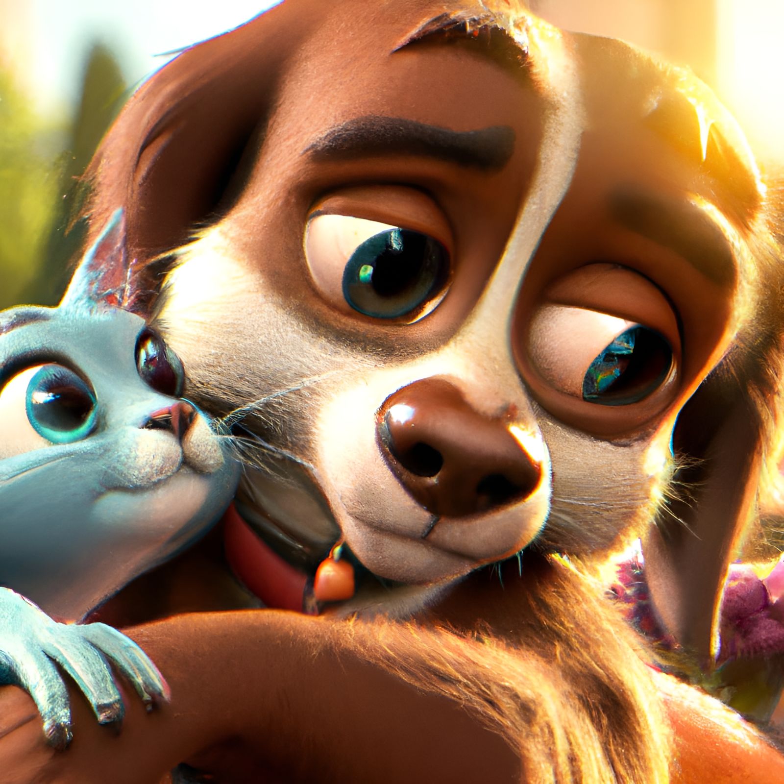 Adorable Cat and Dog Hugging: 3D Digital Art