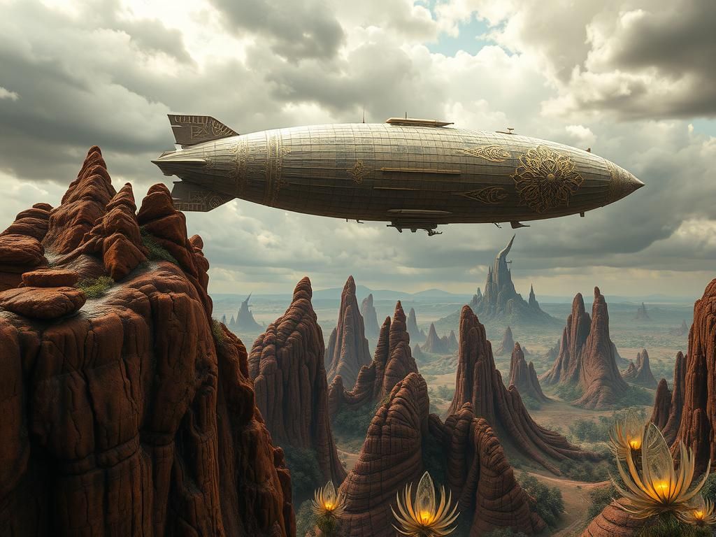 Airship Over Alien World in Dieselpunk Style